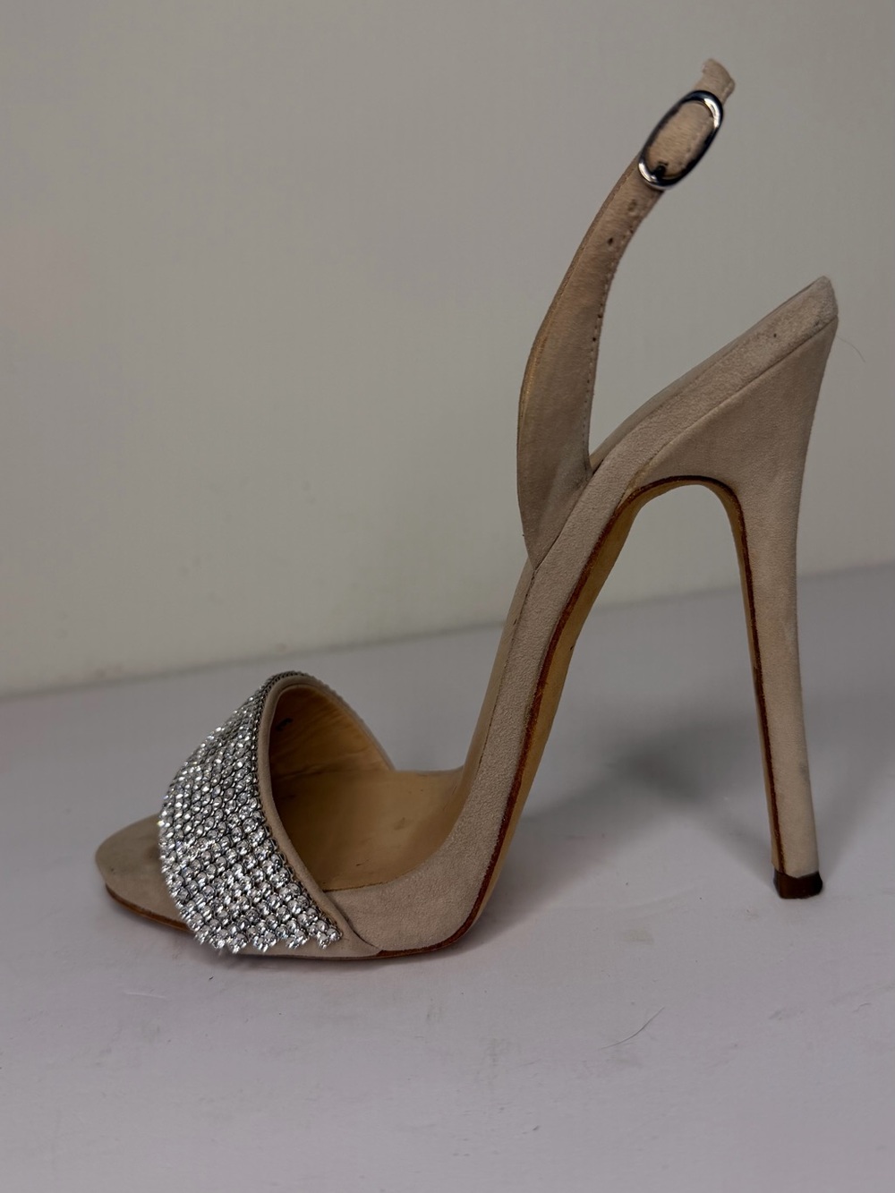 Giuseppe Zanotti Beige Suede Stiletto with Rhinestone Toe Band